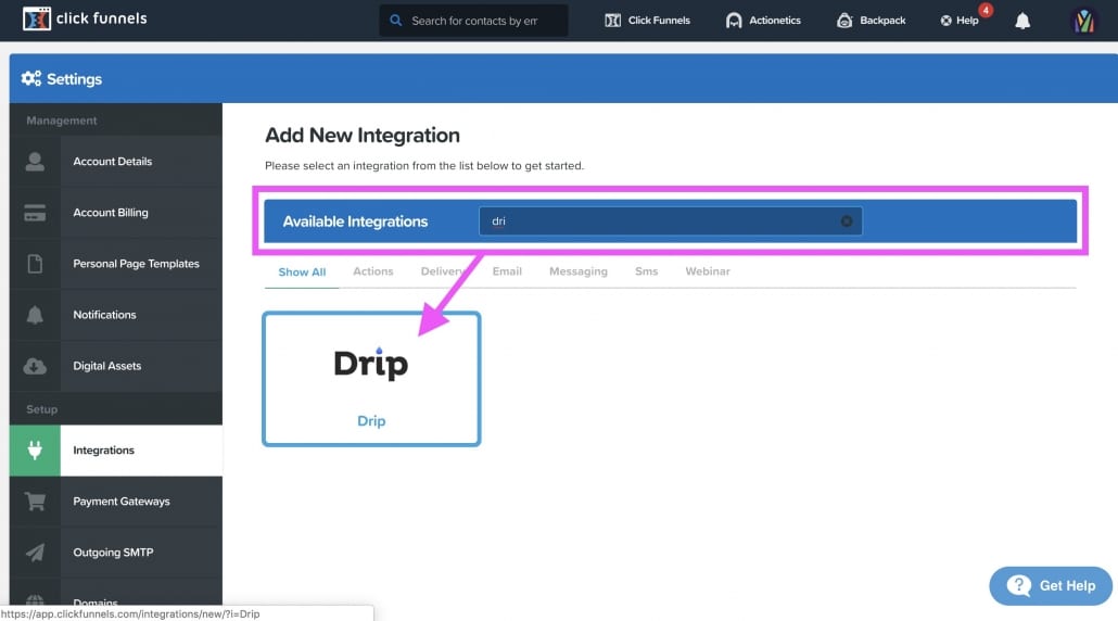 Searching available clickfunnels integrations for drip — screenshot.