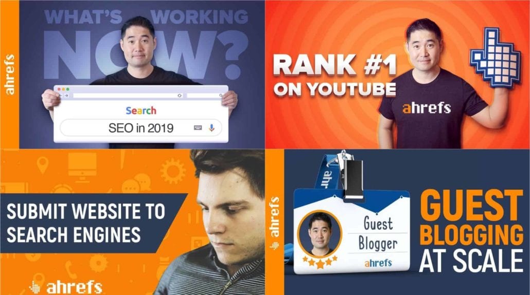 Collage of four ahrefs thumbnails taken from YouTube videos — Sam Oh... what's working now in SEO 2019, Rank #1 on YouTube, Submit Website to Search Engines, Guest Blogging at Scale
