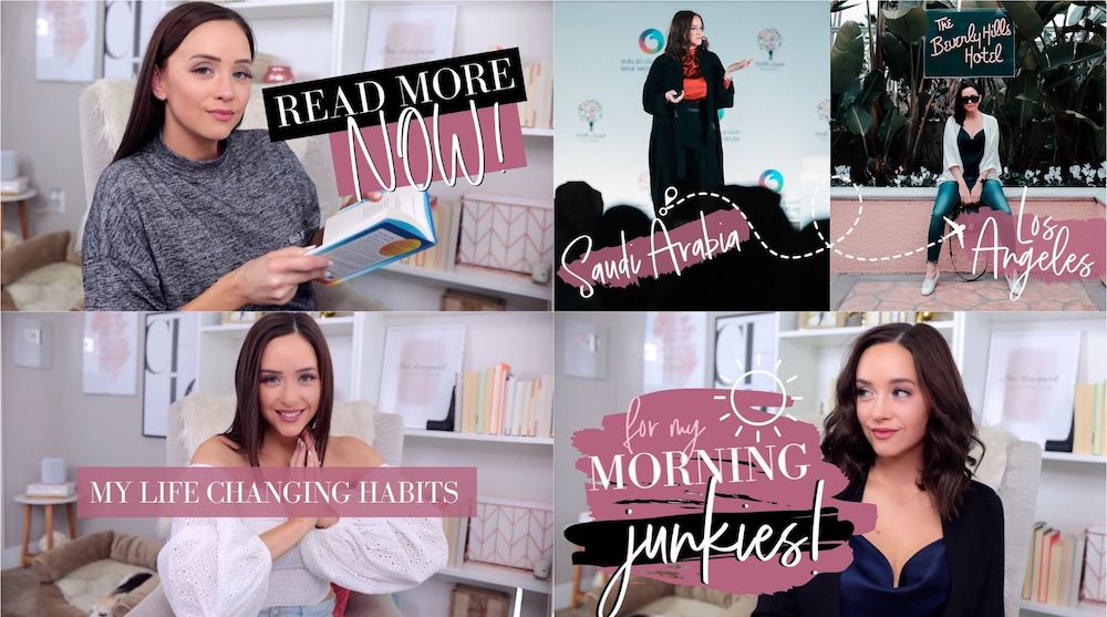 Collage of four Amy Landino thumbnails taken from YouTube videos — Read More Now, Saudi Arabia, Los Angeles, My Life Changing Habits, For my Morning Junkies