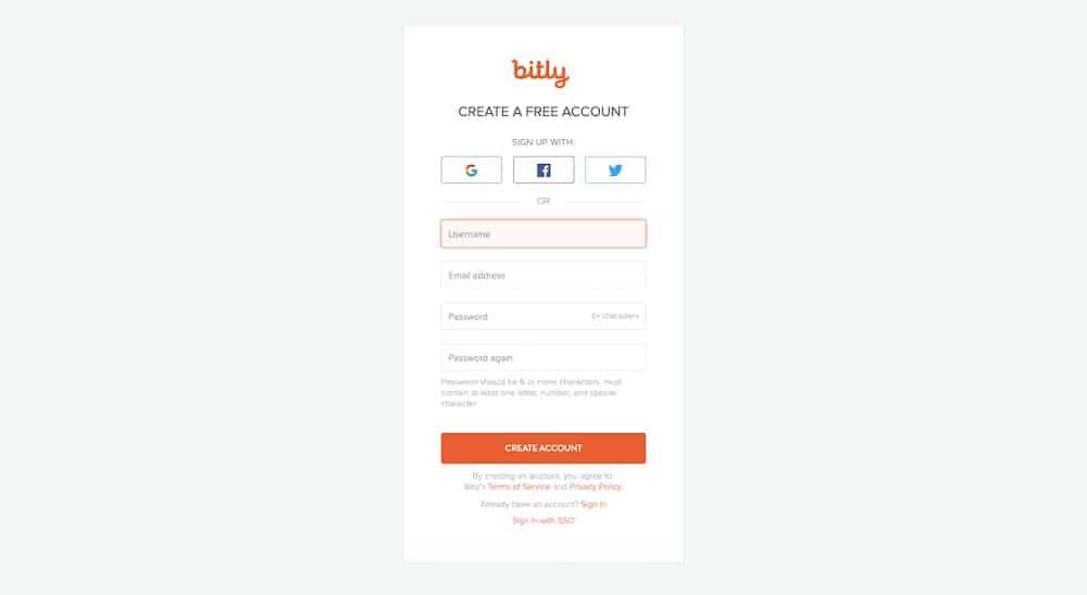 Screenshot — Create a free Bitly account