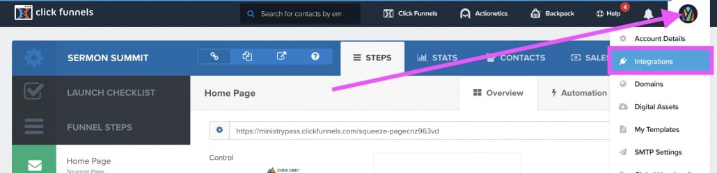 ClickFunnels Integrations Menu Item — Screenshot