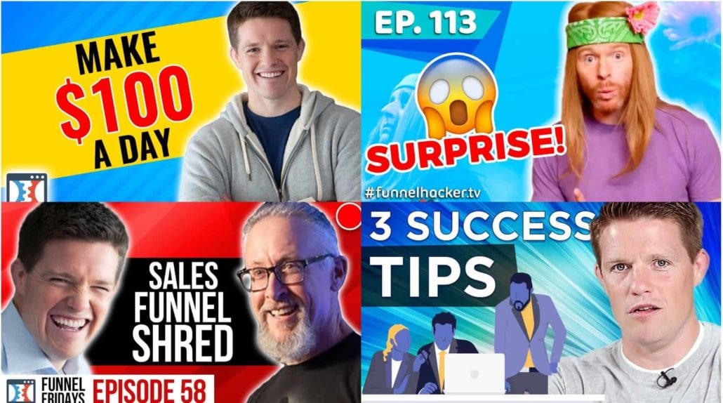 Collage of four ClickFunnels / Russell Brunson thumbnails taken from YouTube videos — Make $100 A Day, FunnelHacker.TV Ep 113 Surprise, Sales Funnel Shred Episode 58, 3 Success Tips