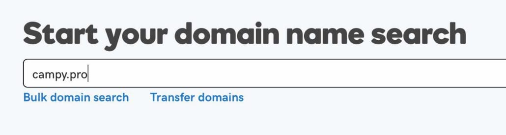 Godaddy screenshot — Start your domain name search, campy.pro