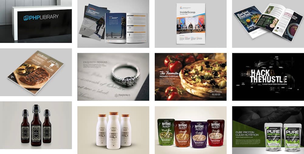  Website Screenshot—Design Seed Co. portfolio examples, product mockups, packaging, flyers, booklets, and social ads.