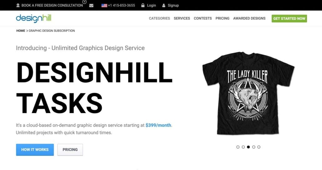 Website Screenshot—Introducing unlimited graphic design service, Designhill Tasks.