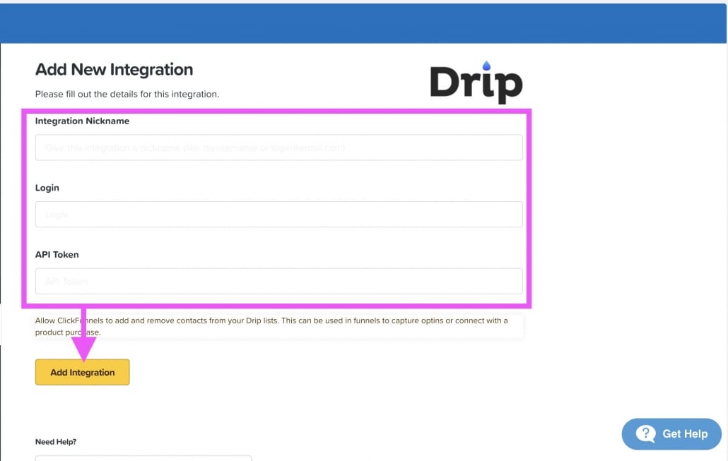 ClickFunnels Drip API Connection Fields