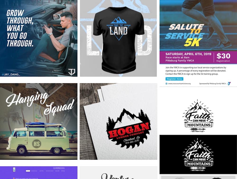  Website Screenshot—Portfolio examples, social media image, t-shirt design, flyers, web advertisement, log design.