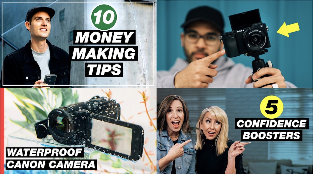 Collage of four Think Media thumbnails taken from YouTube videos — 10 money making tips, waterproof canon camera, 5 confidence boosters