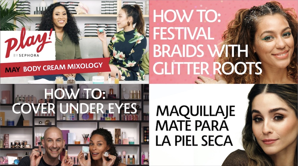 Collage of four Sephora thumbnails taken from YouTube videos — Body Cream Mixology, How to: Festival Brains with Giltter Roots, How to: Cover Under Eyes, Maquillaje Mate Para La Piel Seca